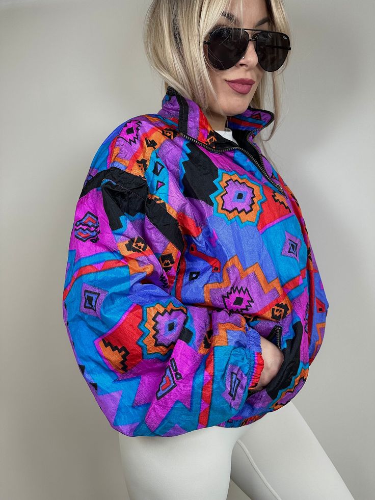 Vintage Aztec Multicolor Nylon 90s Bomber Jacket - Etsy 90s Inspired Multicolor Long Sleeve Outerwear, 90s Inspired Long Sleeve Fall Outerwear, 90s Inspired Long Sleeve Streetwear Outerwear, Retro Multicolor Windbreaker For Streetwear, Fall Rave Outerwear With Long Sleeves, Rave Long Sleeve Outerwear For Fall, Fall Rave Long Sleeve Outerwear, Trendy Multicolor Long Sleeve Windbreaker, 90s Multicolor Spring Outerwear