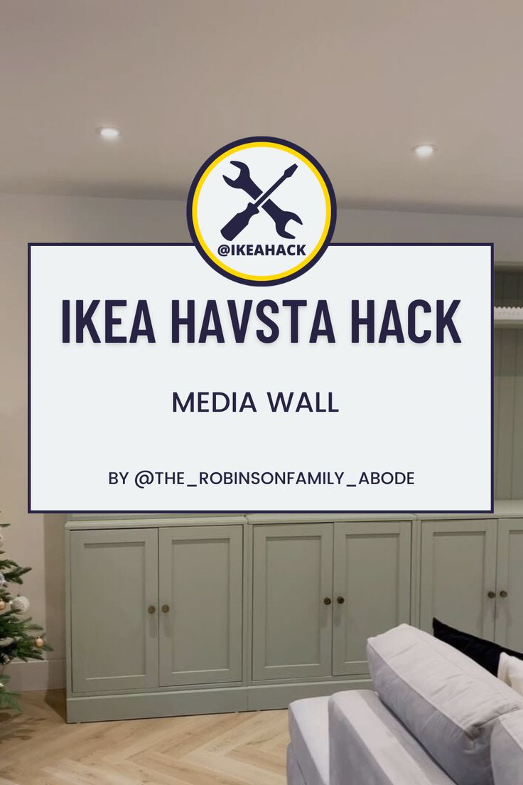 the ikea havsta hack media wall is displayed in front of a couch