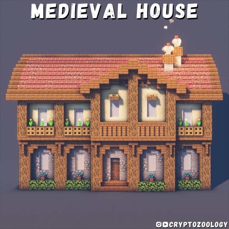 a pixel art house with the words medieval house on it's front and side