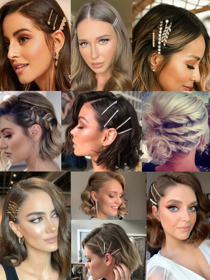 Quick party hair for short cuts. Easy. Short Hairstyles For Fancy Events, Formal Short Bob Hairstyles, Short Hair Nye Hairstyles, Short Hair Party Outfit, Party Bob Hairstyles, Easy Gala Hairstyles Short Hair, Sleek Formal Hairstyles For Short Hair, Short Hair Styles For Prom Night, Bobbi Pins Hairstyles