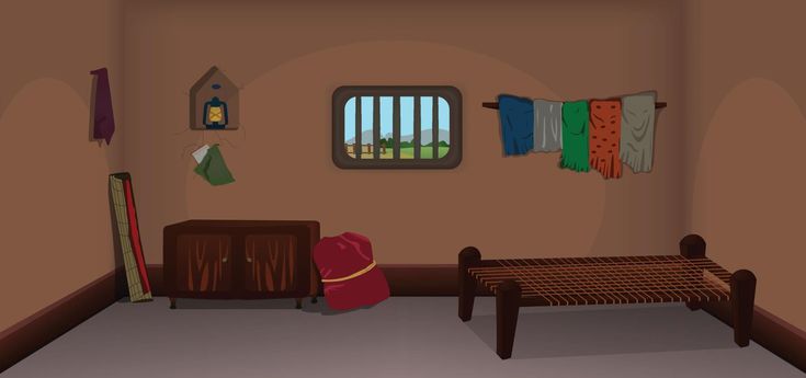 a room with a bed and some clothes hanging on the wall next to a window