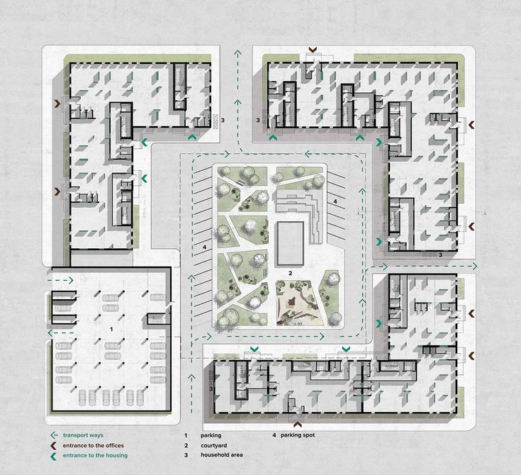 an architectural plan for a building with several courtyards