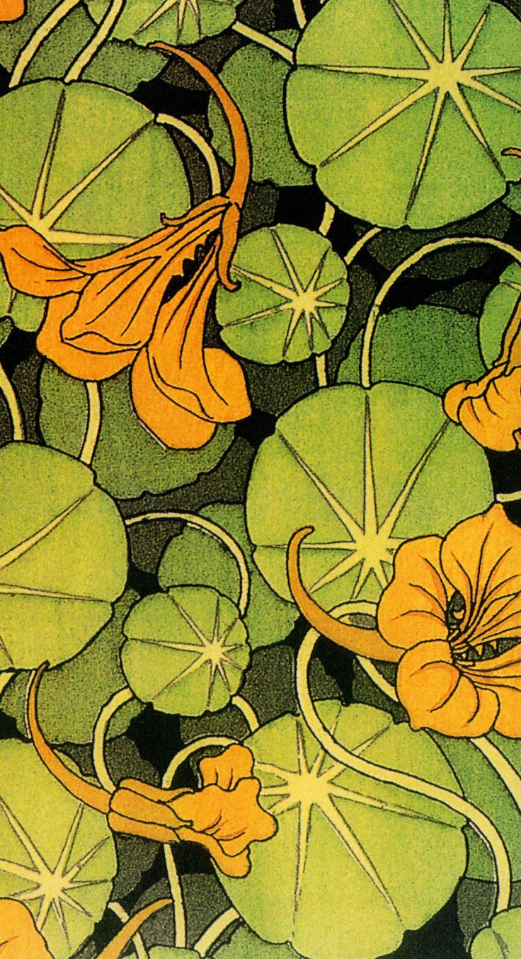 an image of waterlilies and lily pads in yellow, green and black colors