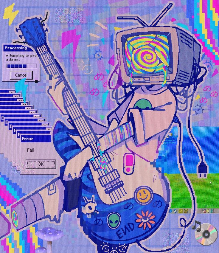 an image of a cartoon character with a guitar and sound board in his hand, playing music