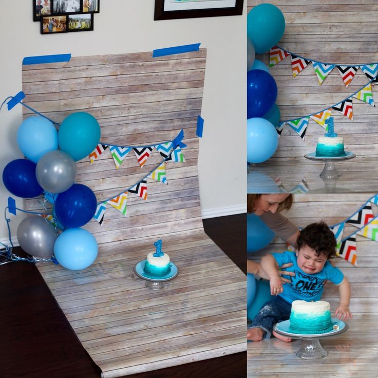 a collage of photos with balloons and a birthday cake on the floor in front of it