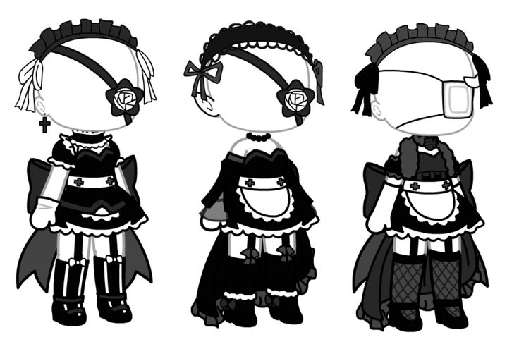 three black and white cartoon girls with different hair styles, one wearing a dress and the other in a costume