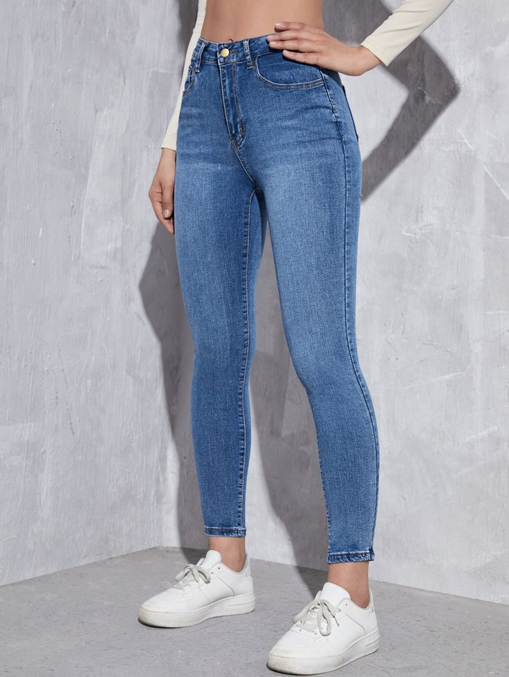 Lavagem Média  Collar  Jeans Simples Skinny Embellished Elasticidade alta  Jeans para Mulheres Oc Clothes, Shein Jeans, Jeans Outfit Winter, Jeans Outfit Fall, Jeans Outfit Summer, Jeans Outfit Casual, Trendy Jeans, Moda Jeans, Fall Jeans