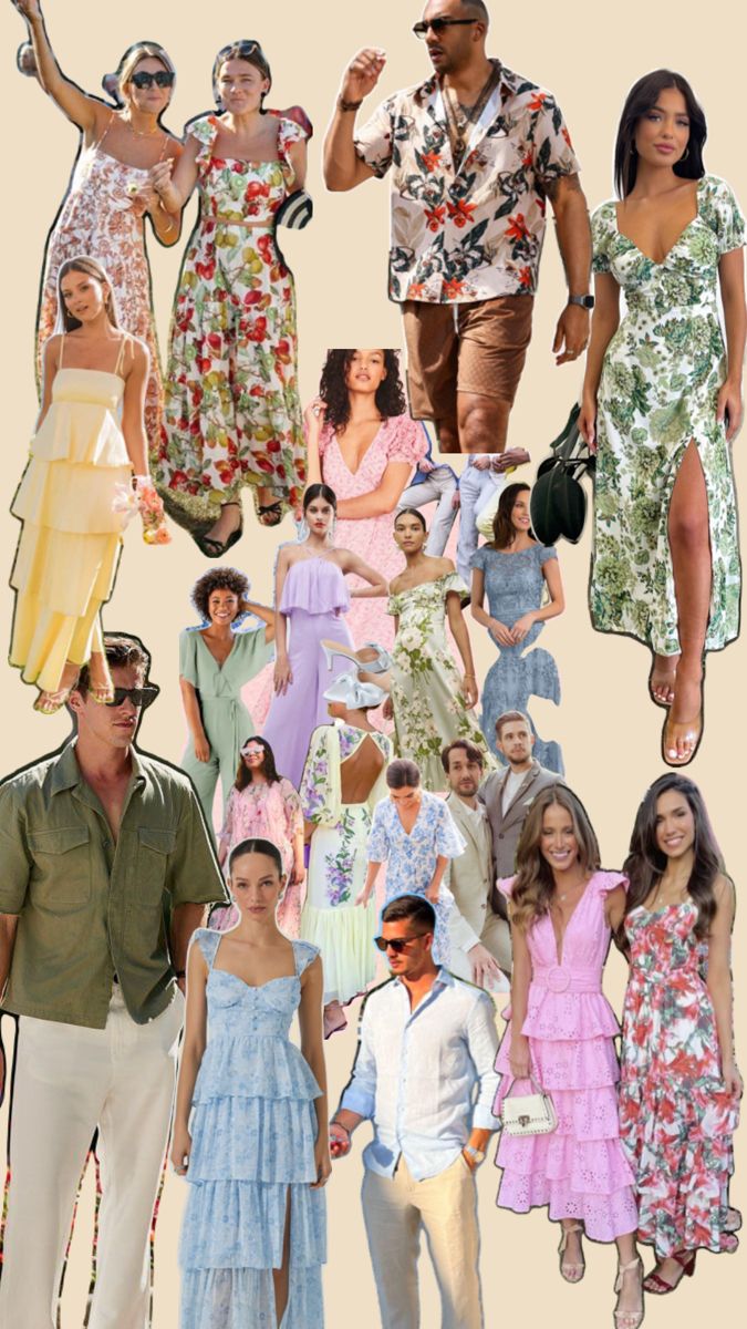 the collage shows many different types of people in dresses and hats, with one man standing