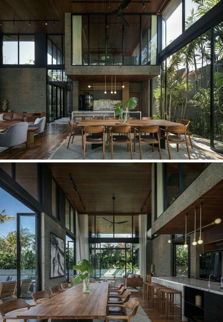 this modern house has an open floor plan and large windows