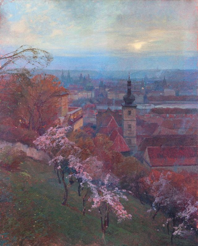 an oil painting of a cityscape with trees and flowers in the foreground