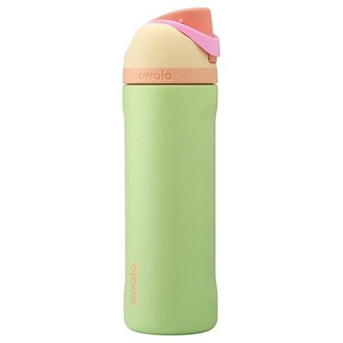 a green and pink water bottle on a white background