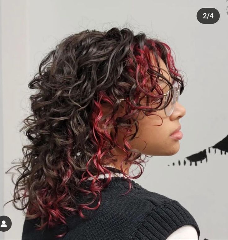 Bottom Layer Highlights, Red Hair Highlights Curly Hair, Curly Brown Hair Dye Ideas, Curly Hair Red Underneath, Red And Black Peekaboo Hair Curly, Curly Peekaboo Highlights, Chunky Red Highlights Curly Hair, 2c Hair Color Ideas, Hair Dyes For Curly Hair