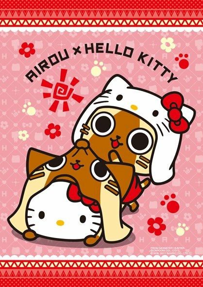 two cats are hugging each other in front of a hello kitty background with red and white flowers