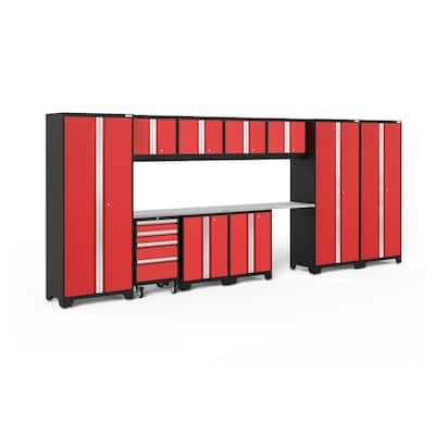 a red and black garage cabinet with drawers