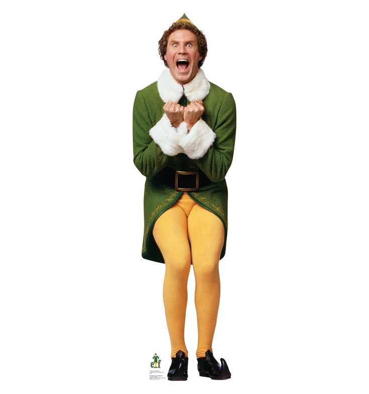 Buddy the Elf Excited Cardboard Cutout - Prime PartyCardboard Cutouts Buddy The Elf Wig, Elf On The Shelf Door Printable, Will Ferrell Elf, Elf Christmas Party, Elf Party, Cardboard Standup, Christmas Films, Elf Movie, New Line Cinema