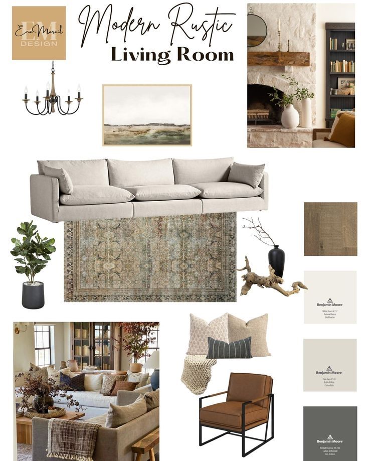 living room mood board with neutral colors