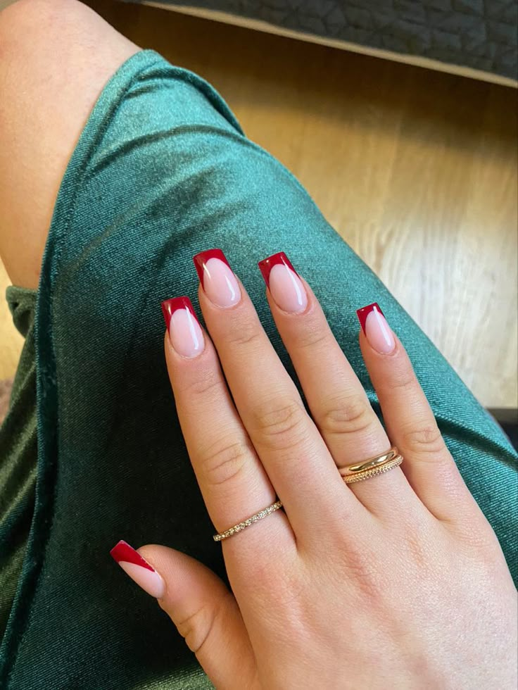 Square Nail Red French Tip, Red French Tip Nails Coffin Christmas, Deep Red French Tip Nails Coffin, Red French Tip Coffin Acrylic Nails, Square Acrylic Nails Red French Tips, Ted French Tips Nails, Red French Tip Nails Coffin Medium, Red French Tip Nails Square Christmas, Deep Red Nails French Tip