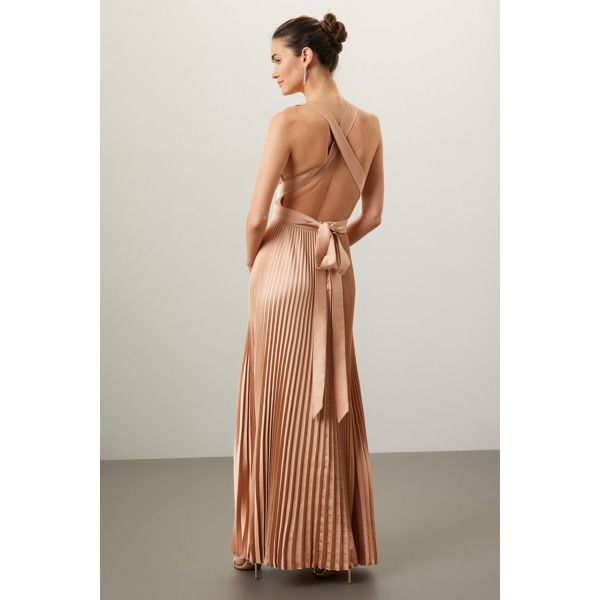 Gold (100% Polyester). Gown. Plunge neck. Back zipper closure. 55" from shoulder to hemline. Imported. Formal V-neck Maxi Dress With Tie Back, Chic V-neck Prom Gown, V-neck Maxi Dress With Pleated Back For Gala, Pleated V-neck Gown For Party, V-neck Maxi Dress With Pleated Back For Wedding, Glamorous V-neck Gown With Back Opening, Chic Party Gown With Tie Back, Chic Fitted Gown With Tie Back, Chic Tie Back Gown For Party