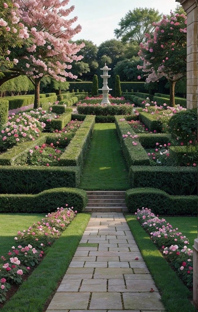 a garden with lots of bushes and flowers