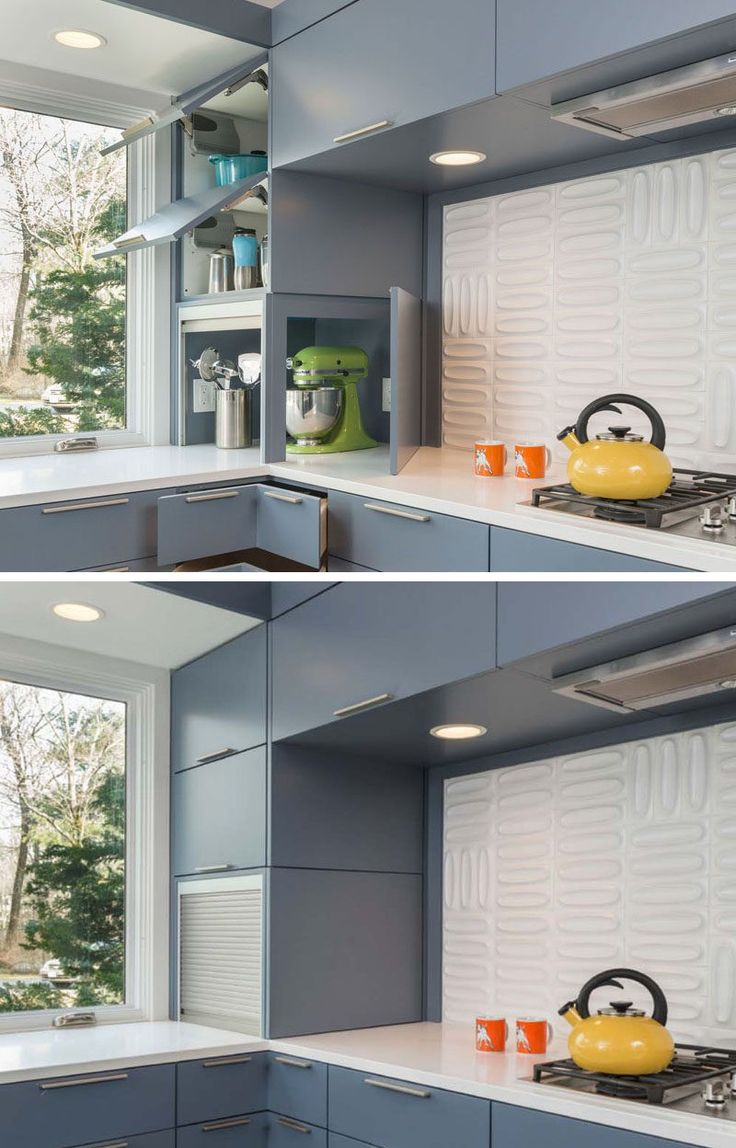 two pictures of a kitchen with blue cabinets and white counter tops, one has a tea kettle on the stove