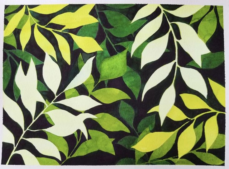 a painting of green leaves on a black background