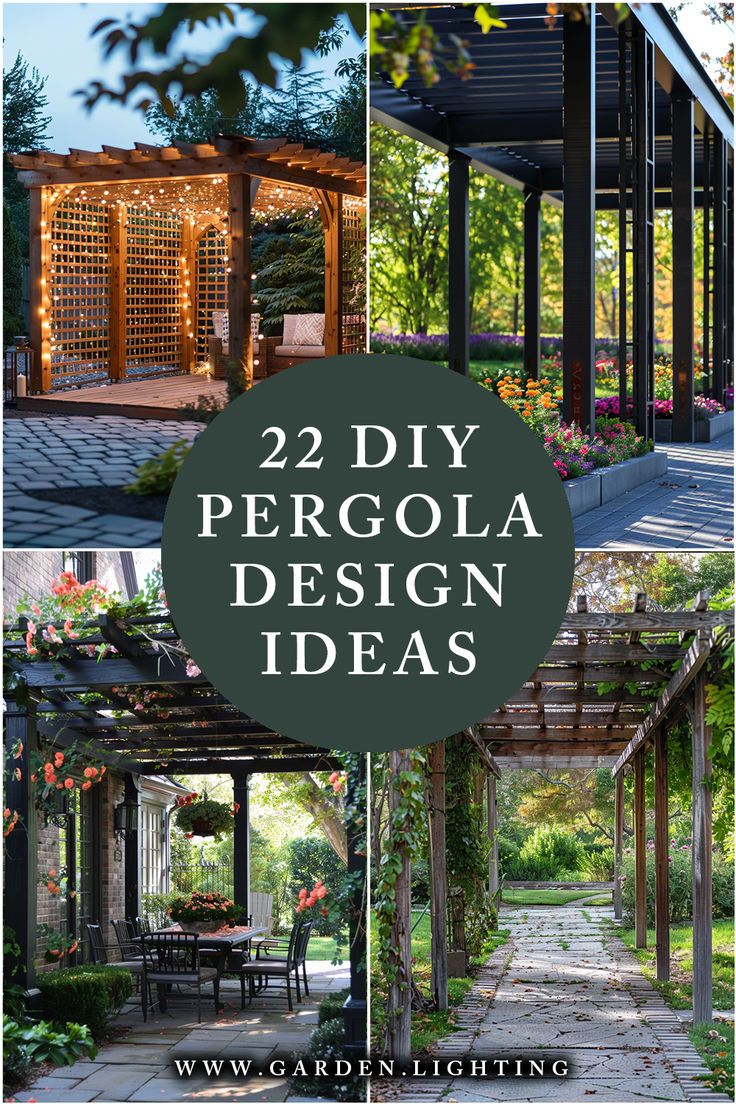 a collage of photos of pergola designs and patio lighting Pagola Ideas Pergolas Outdoor Spaces, Patio Designs And Ideas Layout Pergolas, Garden Pagoda Ideas Pergolas Patio, Custom Pergola Design, Outdoor Deck Covering Ideas, Decking Pergola Ideas, Pergola Corner Ideas, Pergola Designs Modern, Long Pergola Ideas