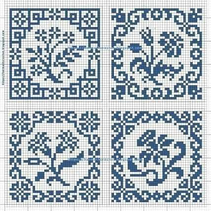 four squares with different designs on them, all in blue and white cross stitch patterns