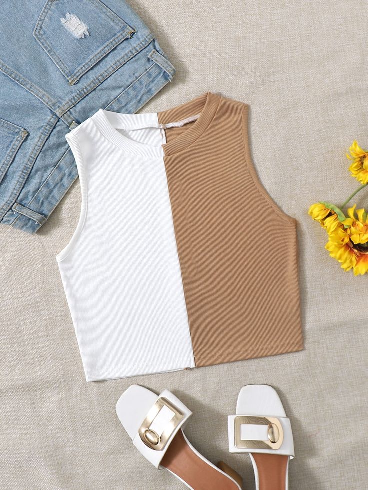 Multicolor Casual   Polyester Colorblock Tank  Slight Stretch Summer Women Tops, Blouses & Tee Crop Tops With Jeans, Polo Aesthetic, Kurti With Jeans, Crop Top With Jeans, Tank Top Outfits, Women Tank Tops, Crop Tank Top, Cute Comfy Outfits, Latest African Fashion Dresses