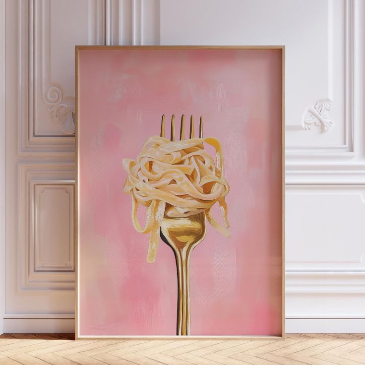 a painting of spaghetti on a fork in front of a pink wall