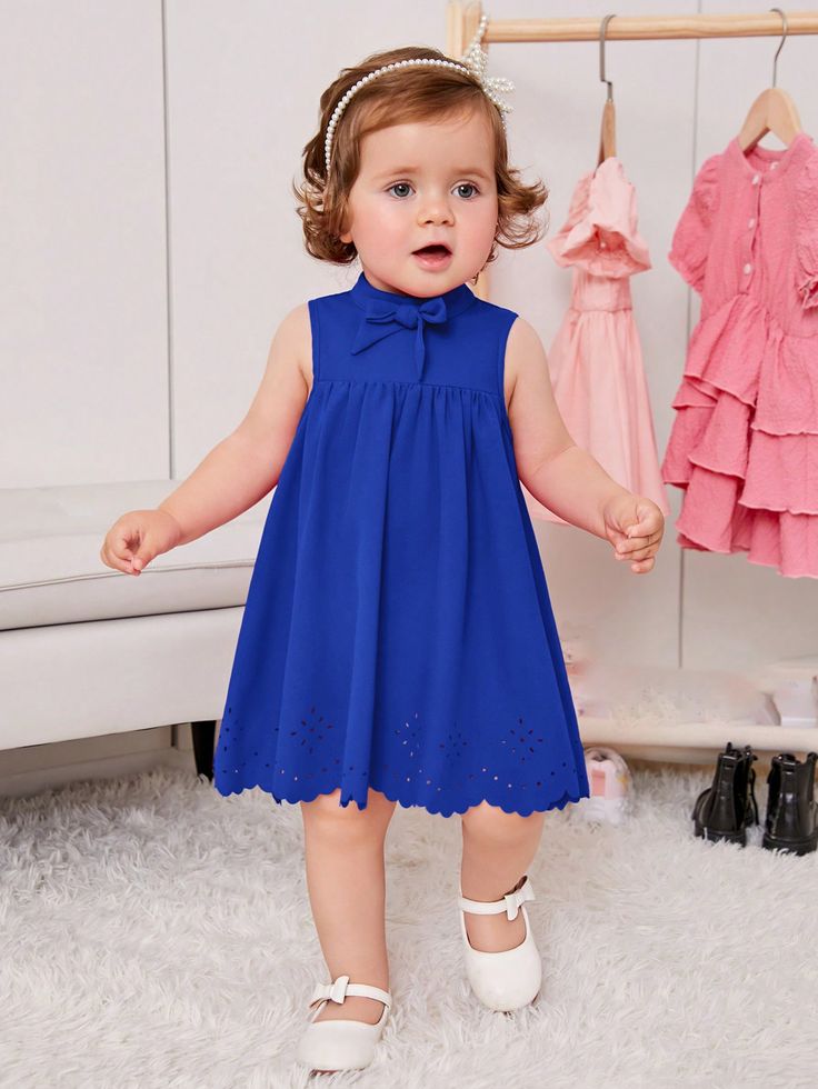 Baby Girl Bow Front Laser Cut Dress Blue   Sleeveless Woven Fabric Plain Smock Non-Stretch  Baby Girls Clothing, size features are:Bust: ,Length: ,Sleeve Length: Toddler Princess Dress, Laser Cut Dress, Fashion Design Collection, Cut Dress, Girls Bows, One Piece Dress, Sleeved Romper, Long Sleeve Romper