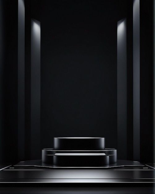 an empty room with black walls and columns on the floor is lit by three spotlights