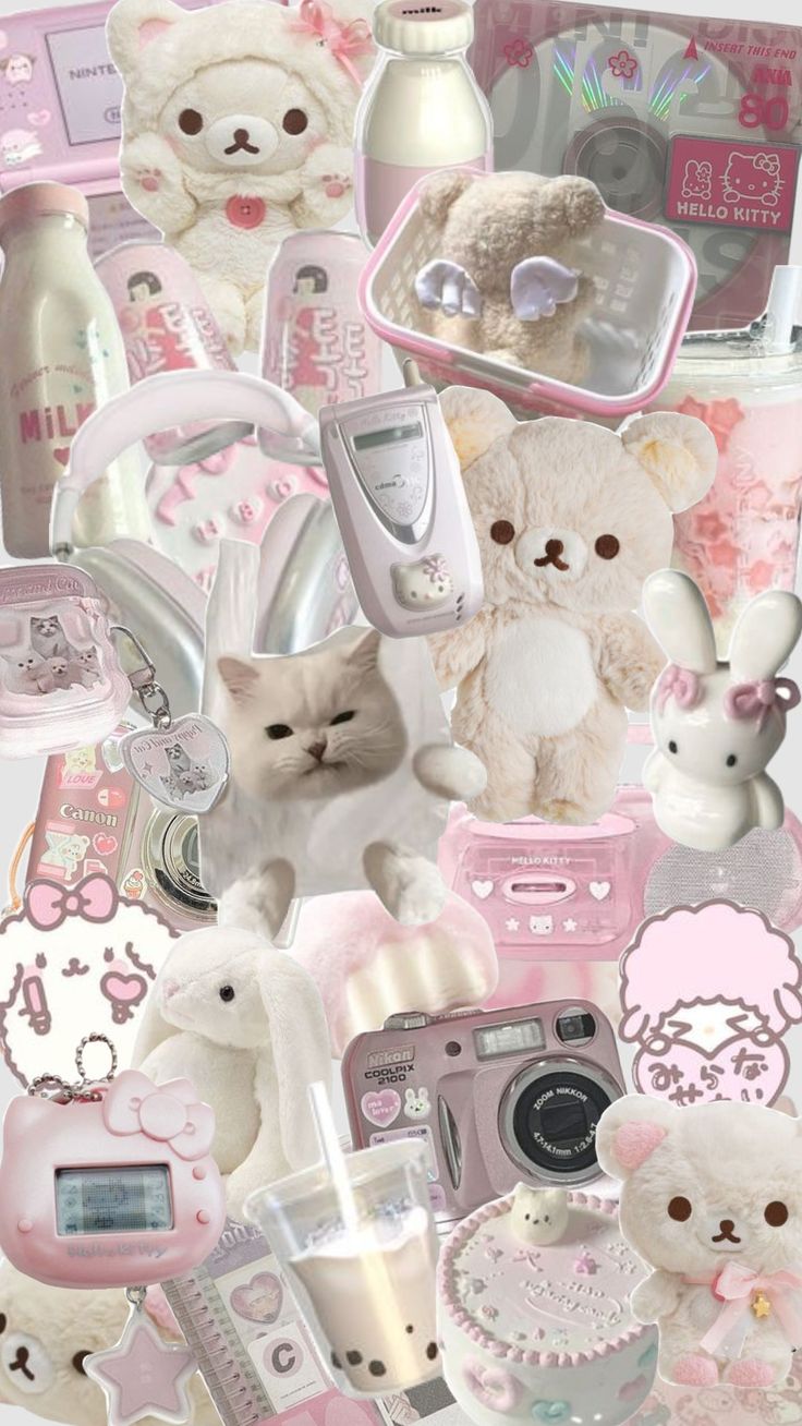 a collage of teddy bears, kittens, and other items in pastel colors