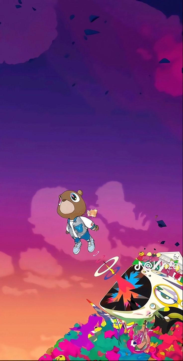 a cartoon character flying through the air with an object in front of him on a purple and pink background