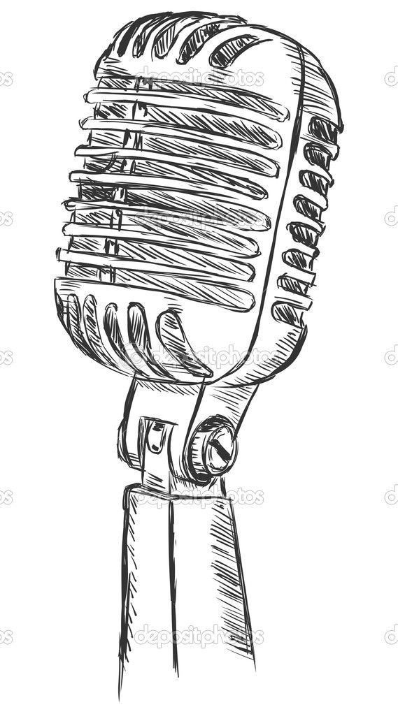 an old fashioned microphone drawn in black ink on white paper stock photo - images and clipping