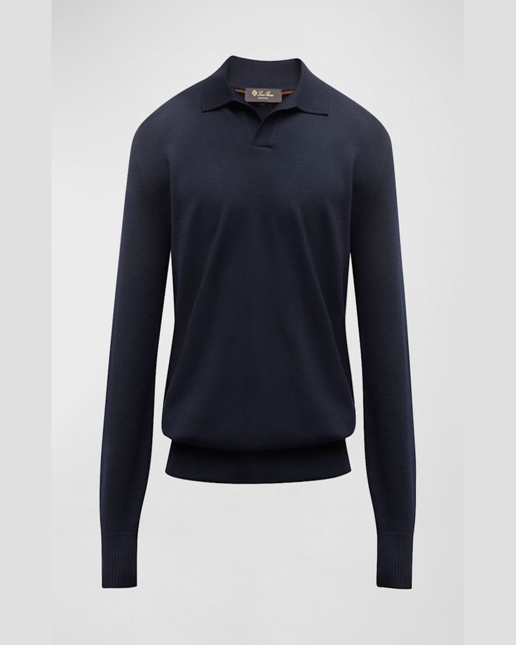 Loro Piana "Empire Wish" solid polo shirt. Spread collar. Long sleeves. Ribbed cuffs and hem. Pullover style. Virgin wool. Made in Italy. Loro Piana Men, Loro Piana, Fine Fabric, Pullover Styling, Neiman Marcus, Tops Designs, Polo Shirt, In Italy, Long Sleeves