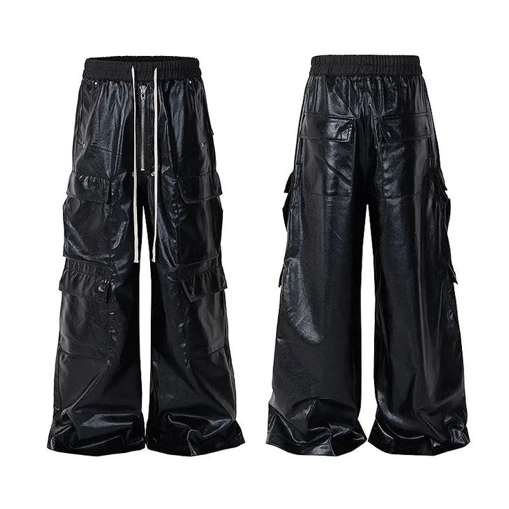 Hearujoy Glossy Black Pu Leather Pants for Men High Street Y2k Pantalones Hombre Baggy Overall Wide Leg Drawstring Cargo Pants Style: Safari Style Material: Faux Leather Front Style: Flat Decoration: Pockets Applicable Season: Spring and Autumn Thickness: midweight Item Type: full length Fabric Type: Broadcloth 1Measurement In CM size Waist Hips Length Thigh M 64-80 120 107 70 L 68-86 122 108 72 XL 72-92 124 109 74 XXL 76-100 126 110 76 Leather Pants For Men, Cargo Pants Style, Street Y2k, Mens Leather Pants, Style Cargo, Safari Style, Men's Korean Style, Pants For Men, 2000s Fashion