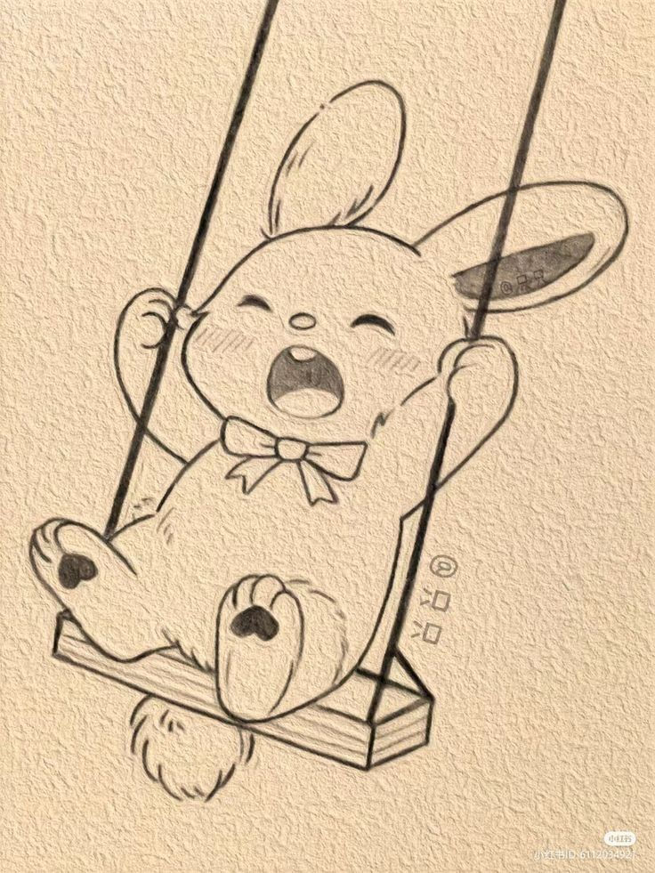 a drawing of a cartoon bunny swinging on a swing