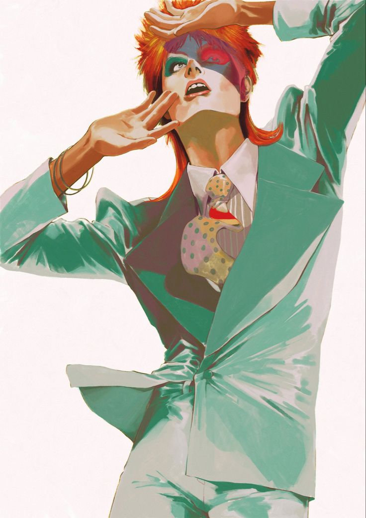 a painting of a man with red hair wearing a suit and tie, holding his hands up to his face