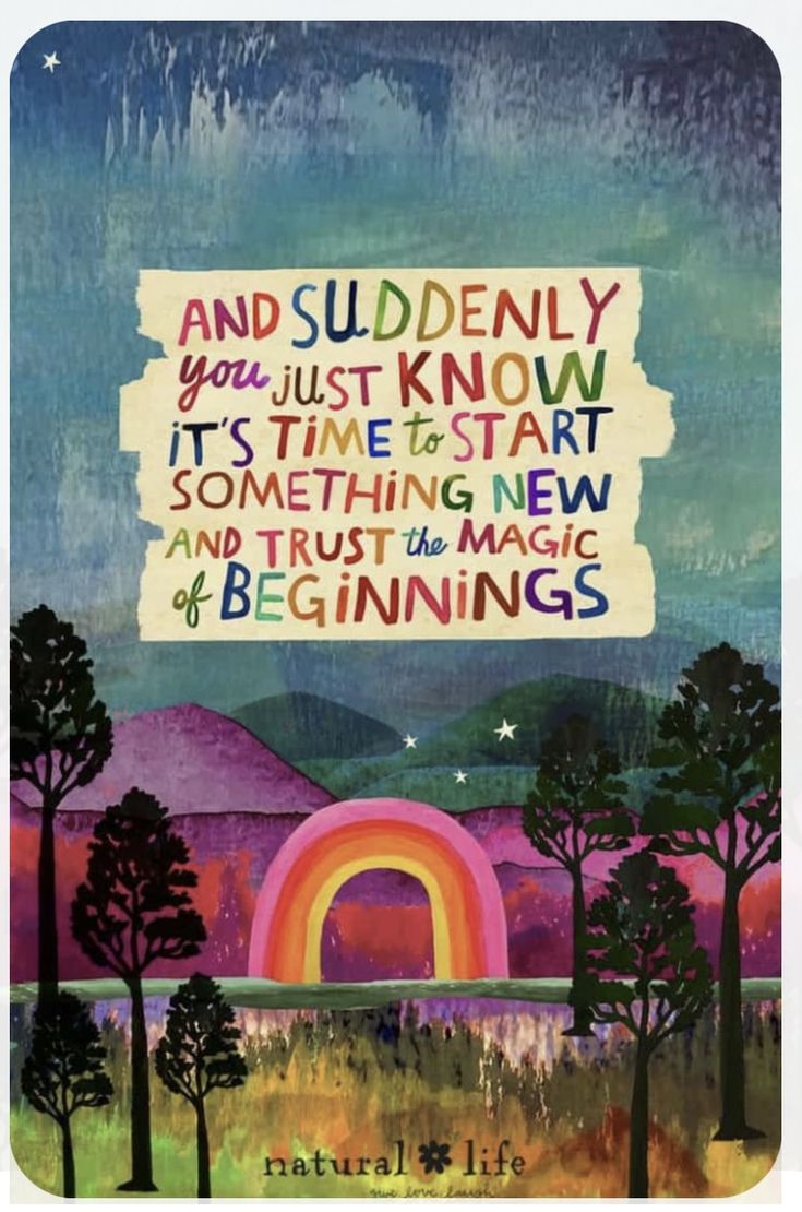 a painting with the words and rainbows on it, in front of a mountain