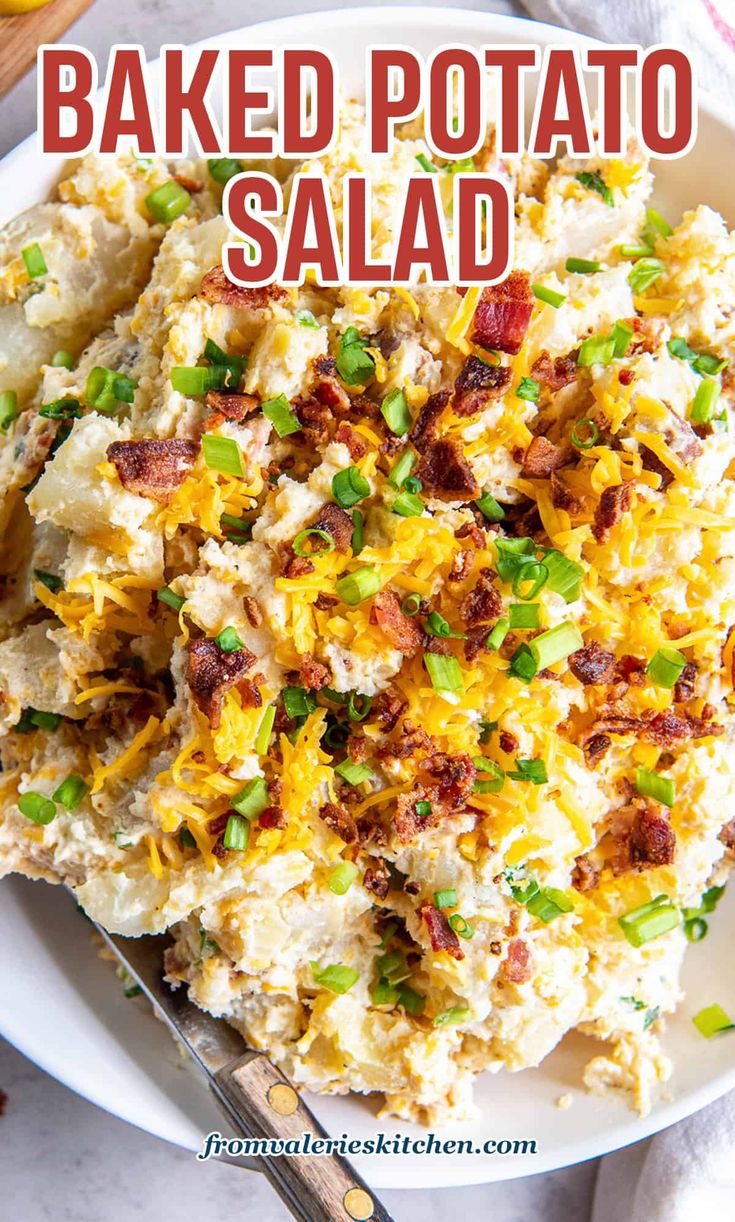 this baked potato salad is loaded with bacon, cheese and green onions it's ready to be eaten