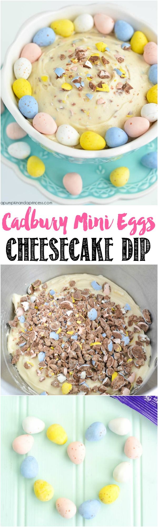 an egg cheesecake dip with candy eggs in it