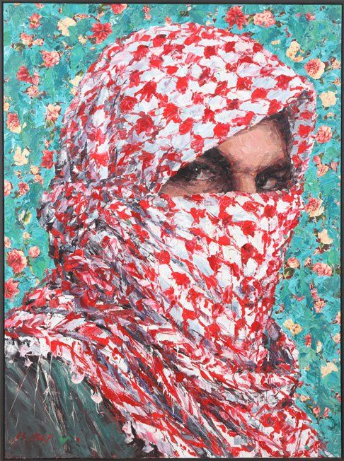 a painting of a woman wearing a red and white hijab over her face