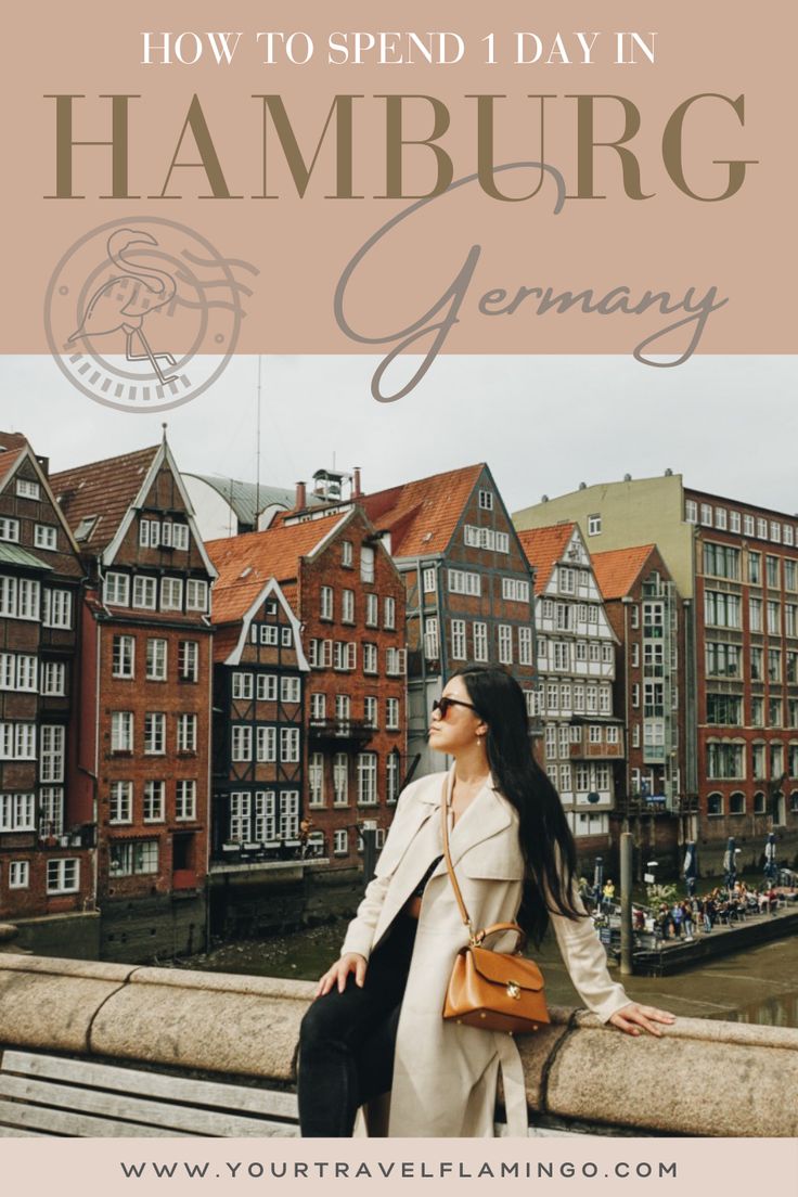 a woman standing in front of some buildings with the words how to spend day in hamburg germany