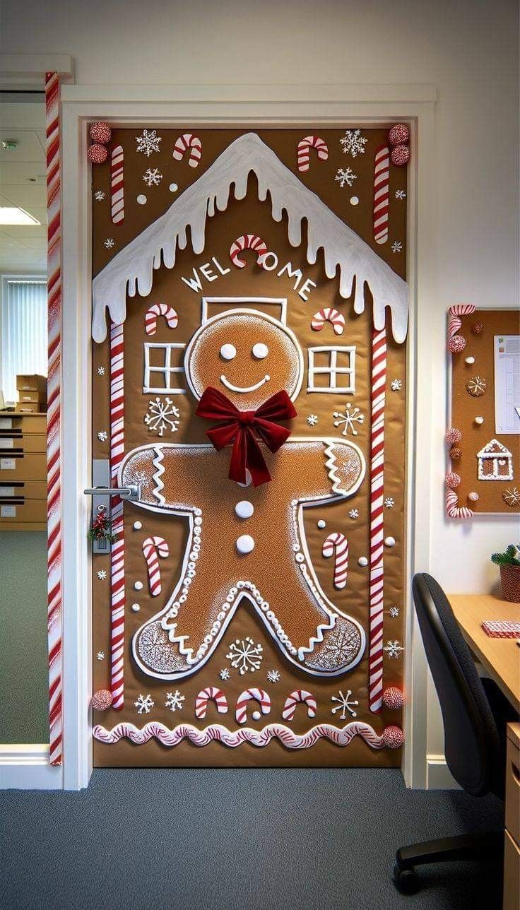 an office door decorated with gingerbreads and candy canes