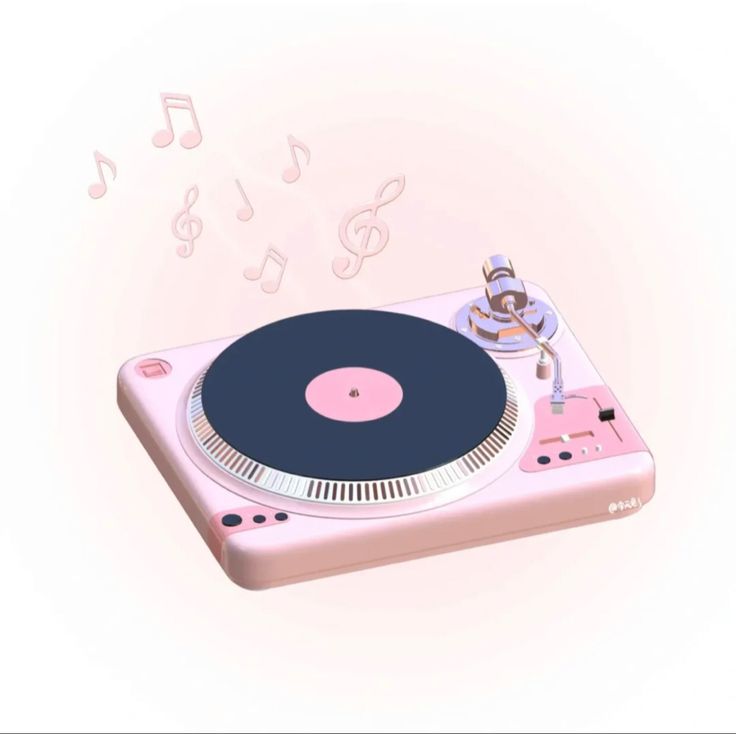 a pink turntable with musical notes coming out of it's top and bottom