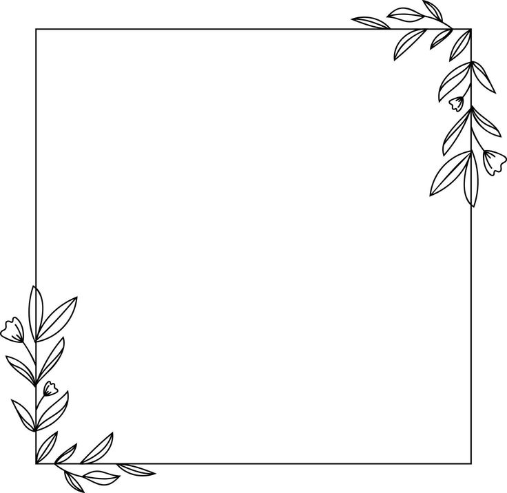 a black and white square frame with leaves on the edges, in an outline style