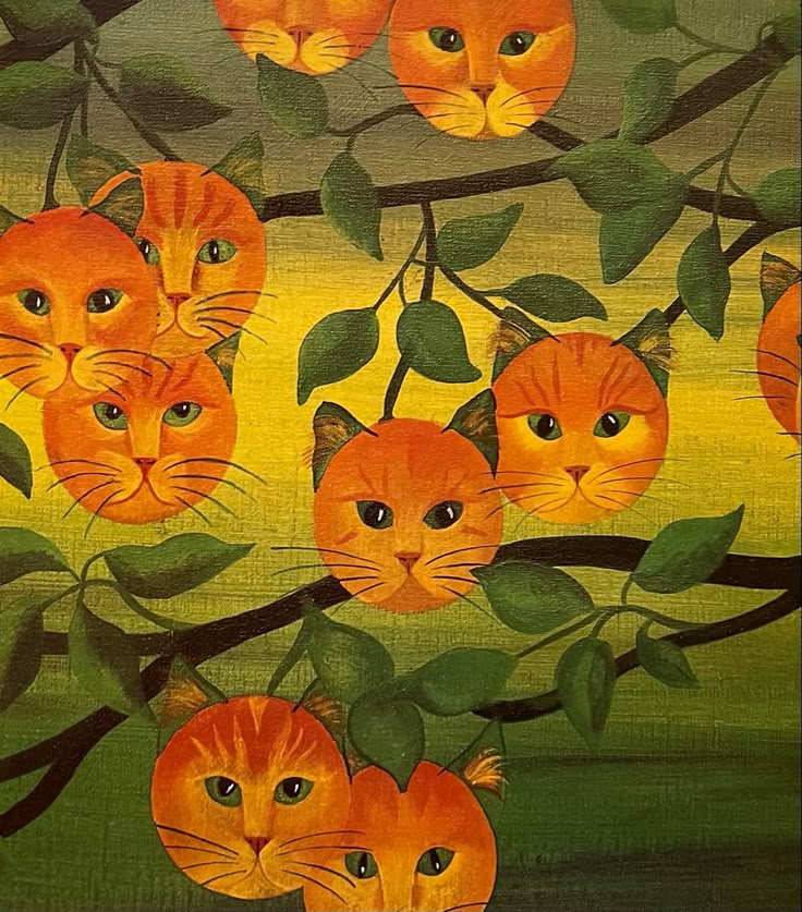 a painting of three cats sitting on top of a tree branch in front of green leaves