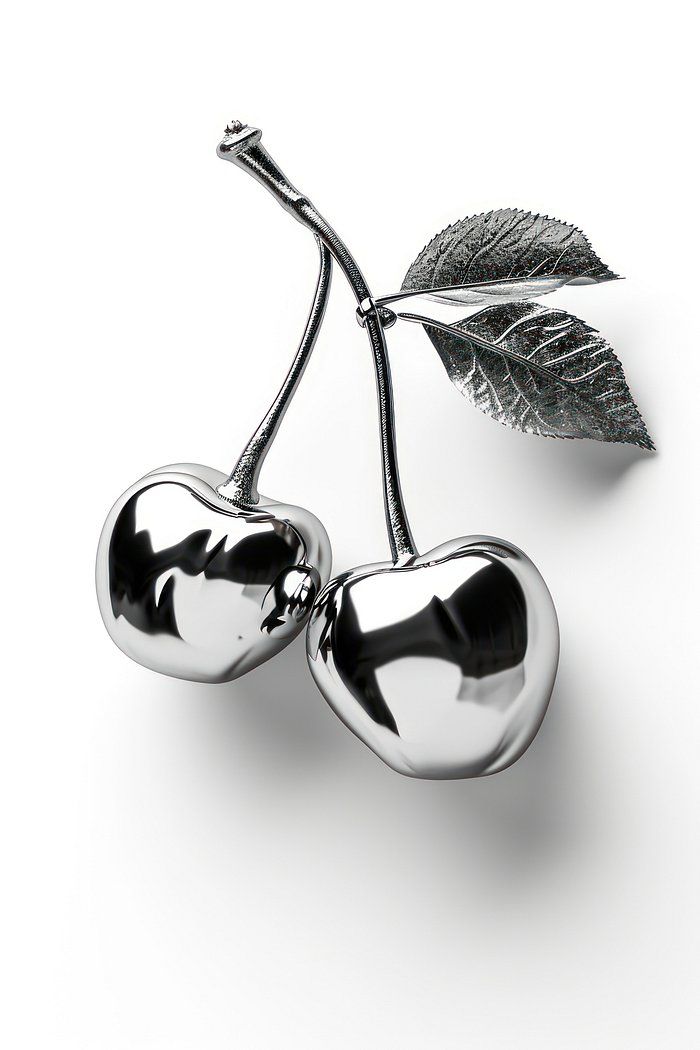 two metal cherries with leaves on them