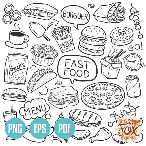 fast food doodles set with burger, hotdog and other items in black and white