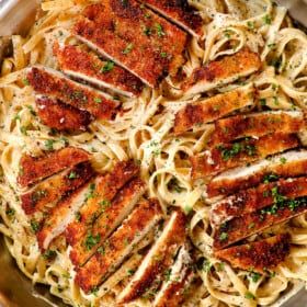 chicken parmesan pasta in a skillet